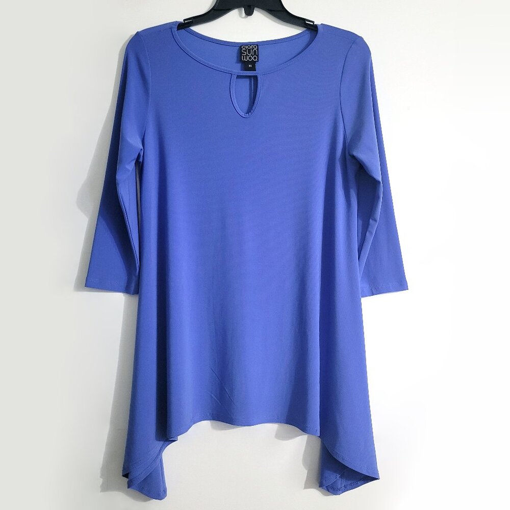 Clara Sunwoo Womens Long Sleeve Tunic Size XS Blue Keyhole Neck Asymmetric Hem
